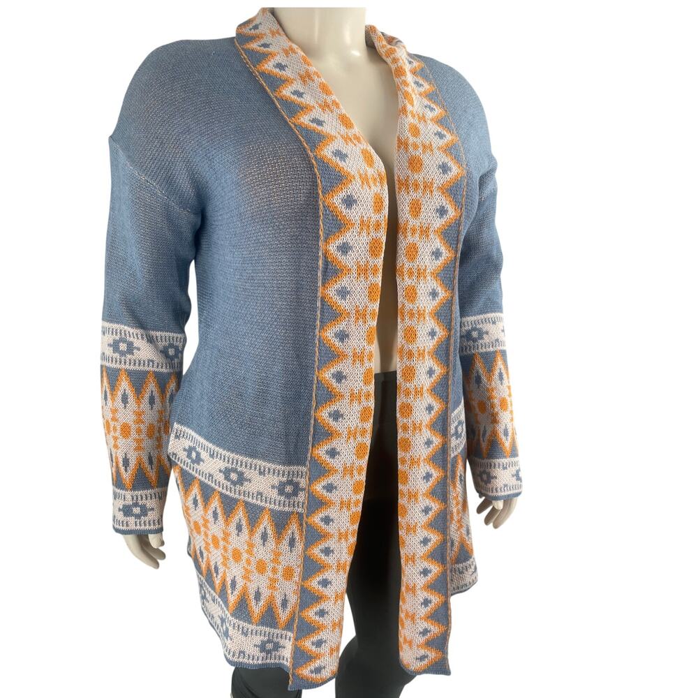 Womens Long Open Cardigan Blue Orange White Western Pockets Cozy Comfort Sz XL